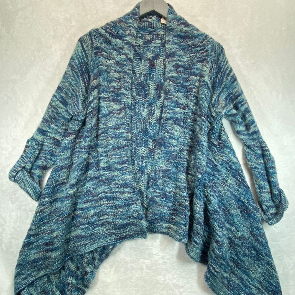 Soft Surroundings Blue‎ Marled Knit Waterfall Cardigan Sweater Open Front Size S